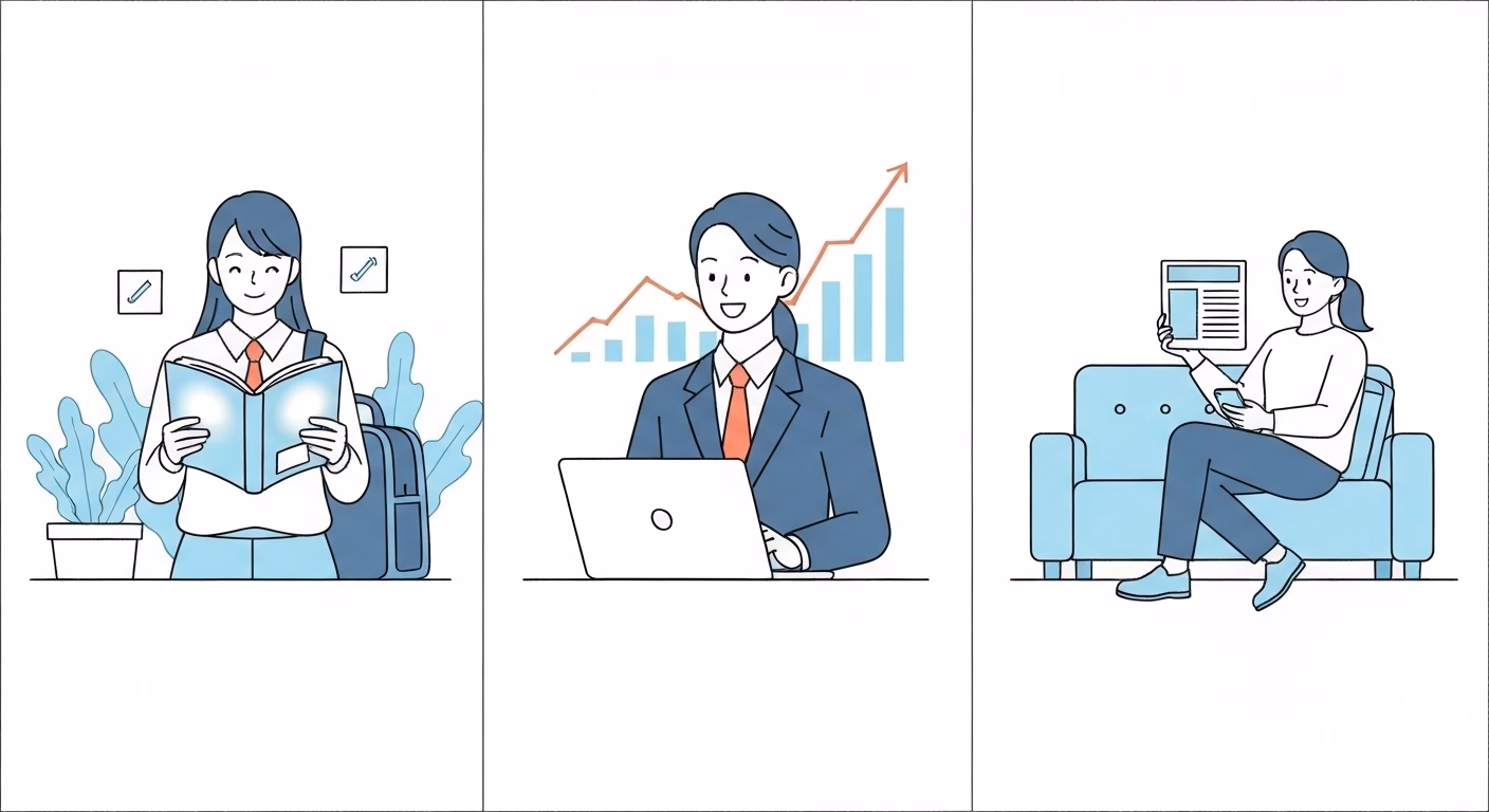 A bright triptych-style illustration showing three positive scenarios. On the l…