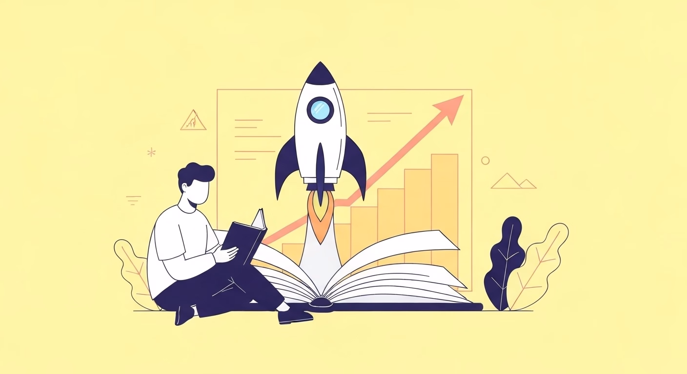 An uplifting illustration of a person sitting and reading, with a rocket launch…