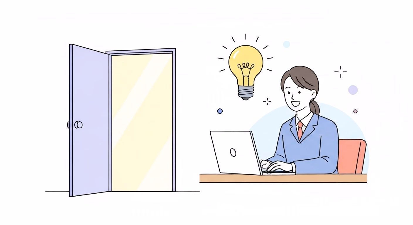 An uplifting illustration of a happy Japanese person sitting at a desk and smil…