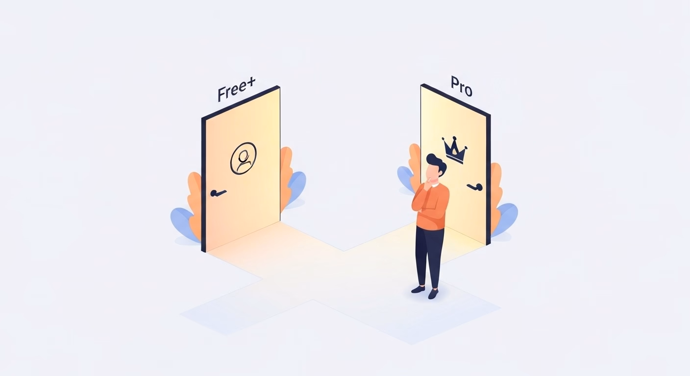 A minimalist flat illustration showing a person standing at a crossroads with t…