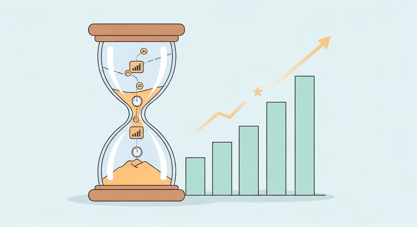 A symbolic illustration of time being saved and repurposed. An hourglass shows …