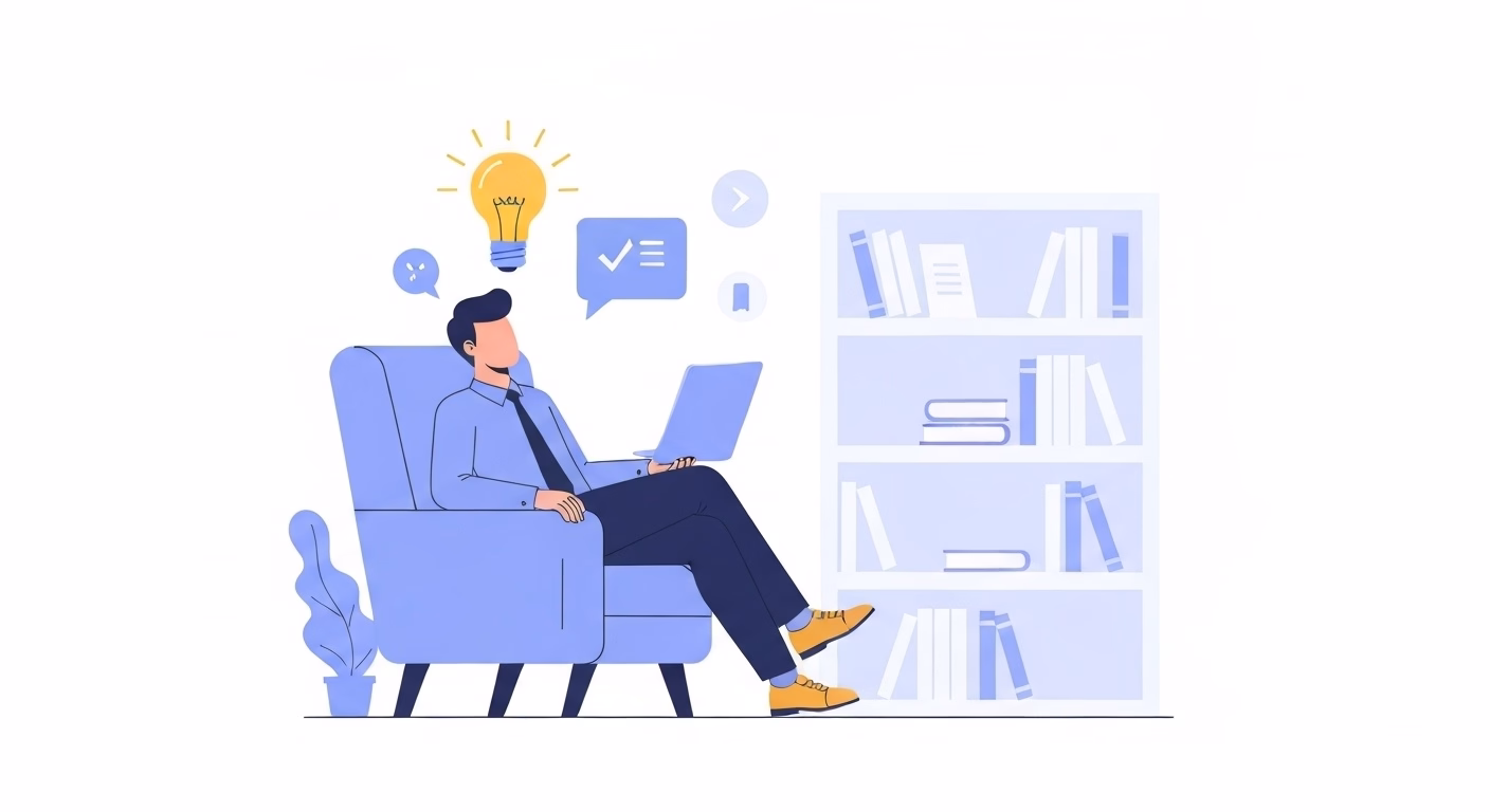 A person is shown relaxing in a comfortable chair, with a glowing light bulb ic…