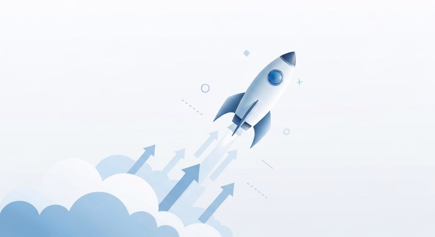 A sleek rocket is launching upwards, leaving a trail of upward-pointing arrows …