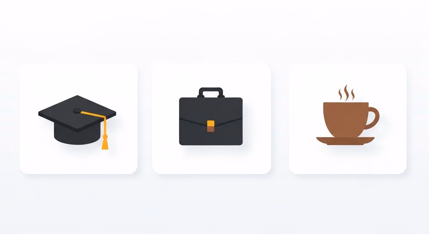 A clean layout featuring three distinct icons in a row: a graduation cap for le…