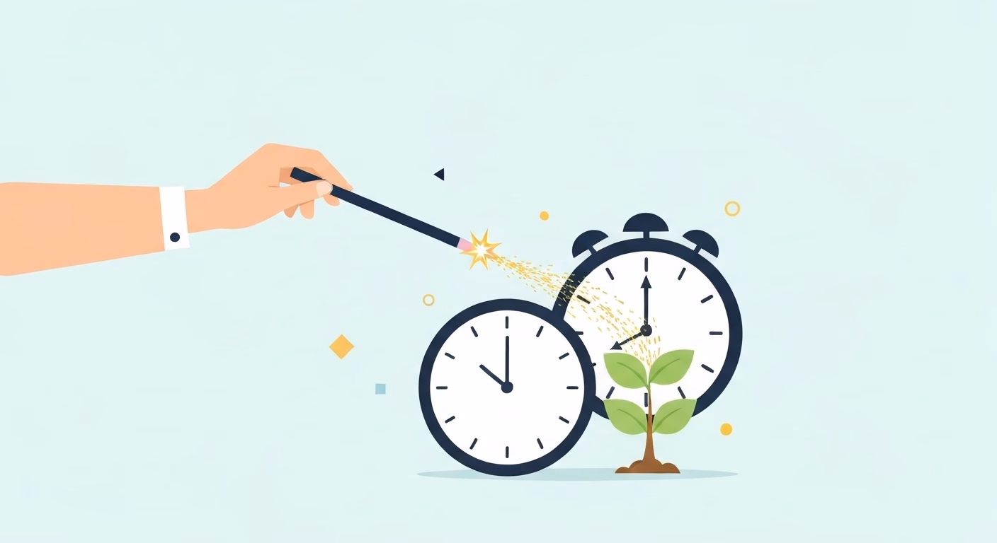 A magical scene where a stylized magic wand touches a large clock. From the clo…