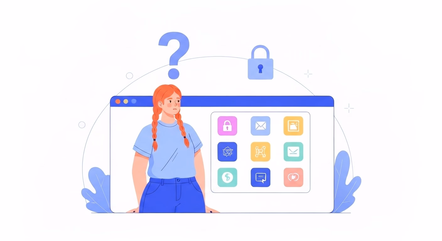 A user looking thoughtfully at a browser window with several extension icons. A…