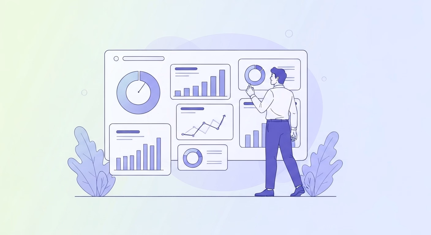 A confident business person stands in front of a digital strategy board, analyz…