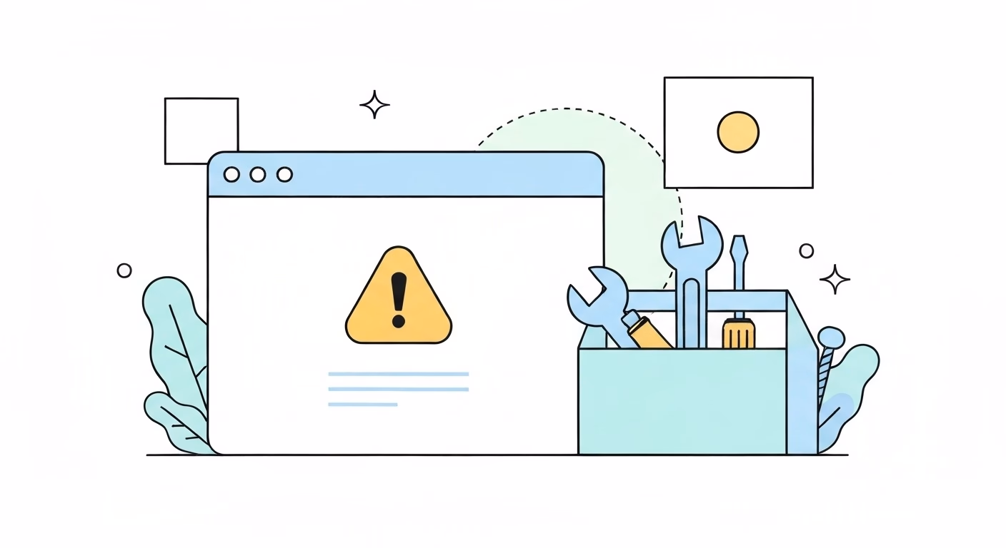 An image illustrating troubleshooting for a software tool. A stylized browser w…