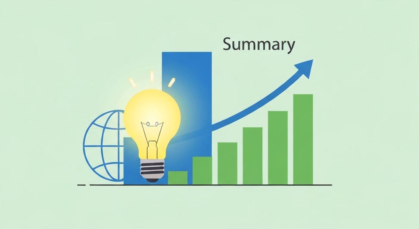 A summary visual representing growth and efficiency. A glowing lightbulb icon s…