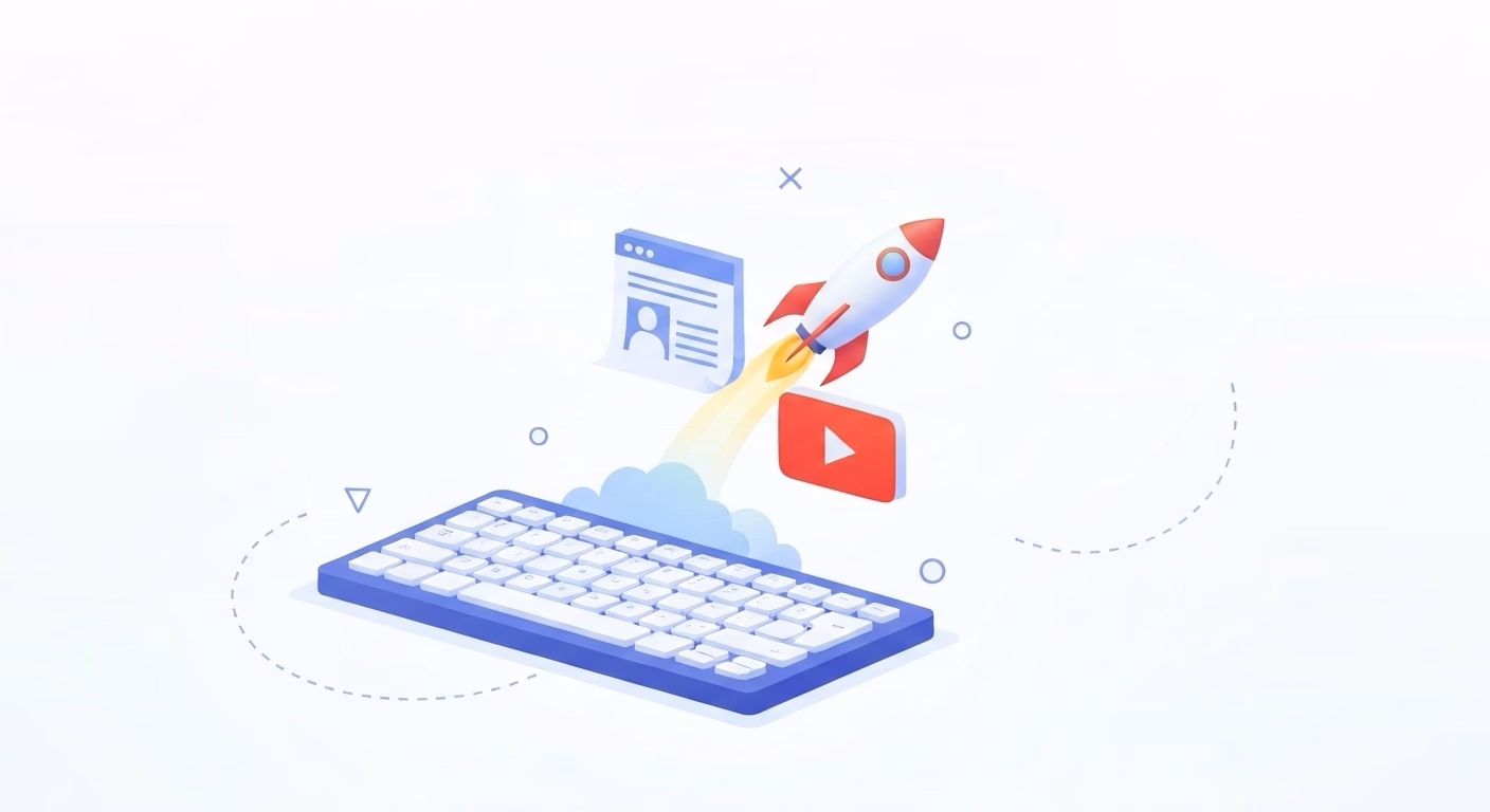 professional blog article thumbnail showing a stylized keyboard launching a sma…