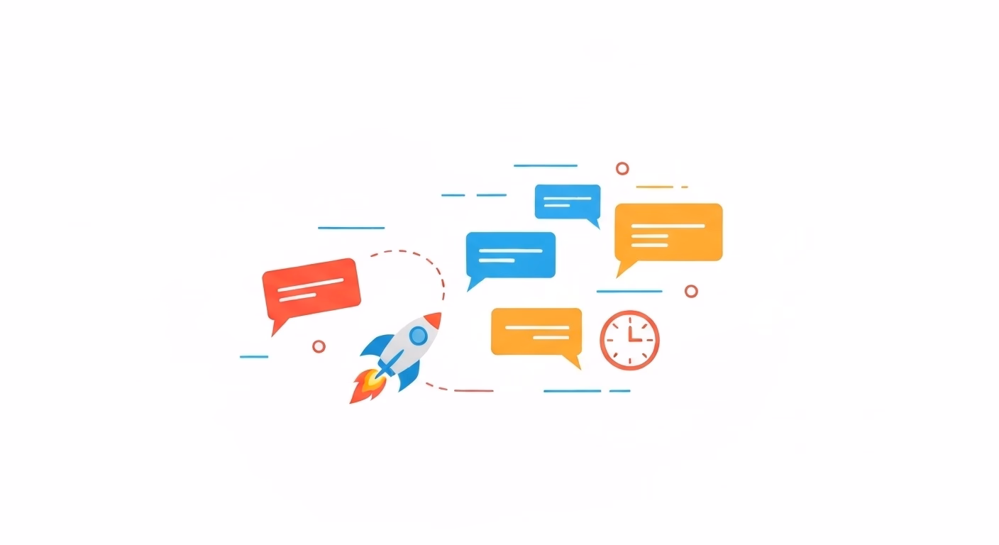 An illustration of rapid, real-time communication. Several chat bubbles are sho…