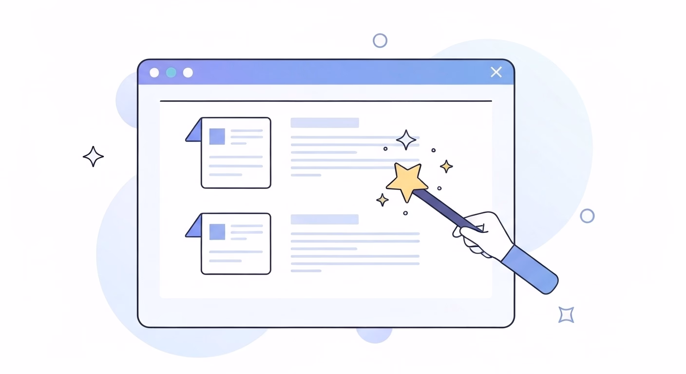 A browser window displays a complex document, and a magic wand with sparkles is…