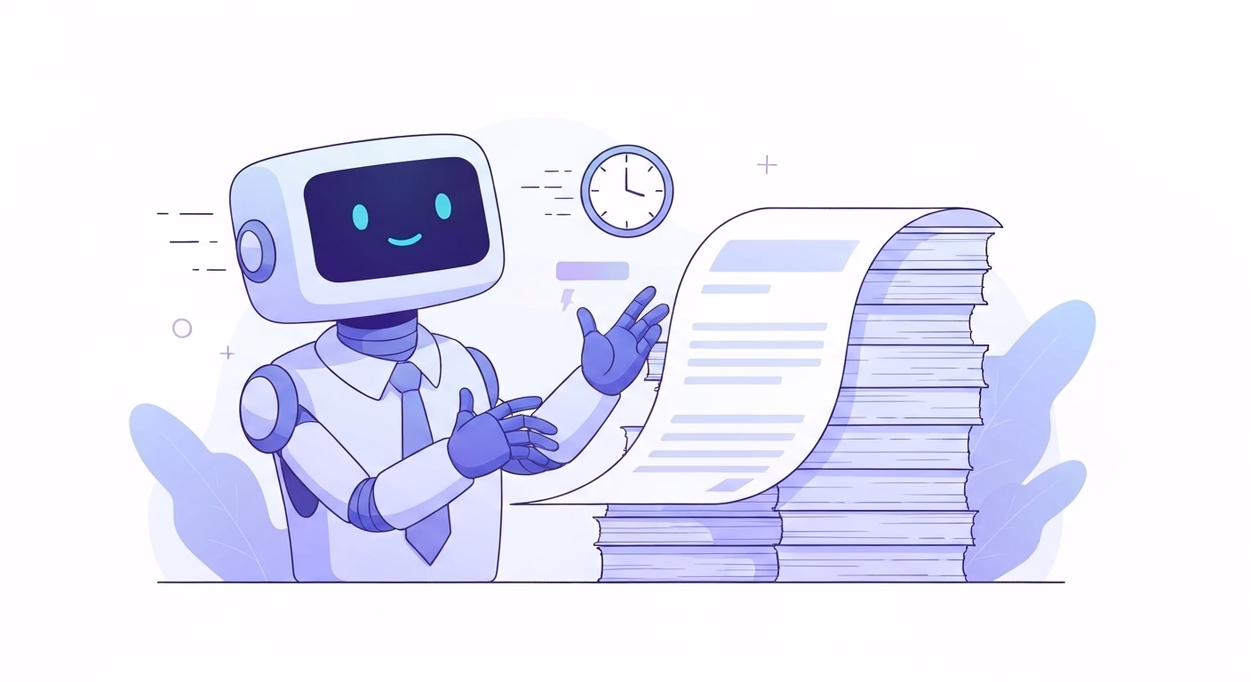 A professional blog article thumbnail depicting a friendly AI robot efficiently…