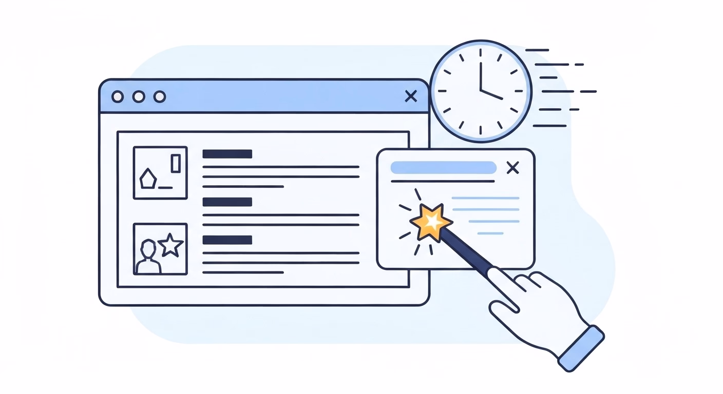 A stylized web browser window showing a webpage. A magic wand icon touches the …