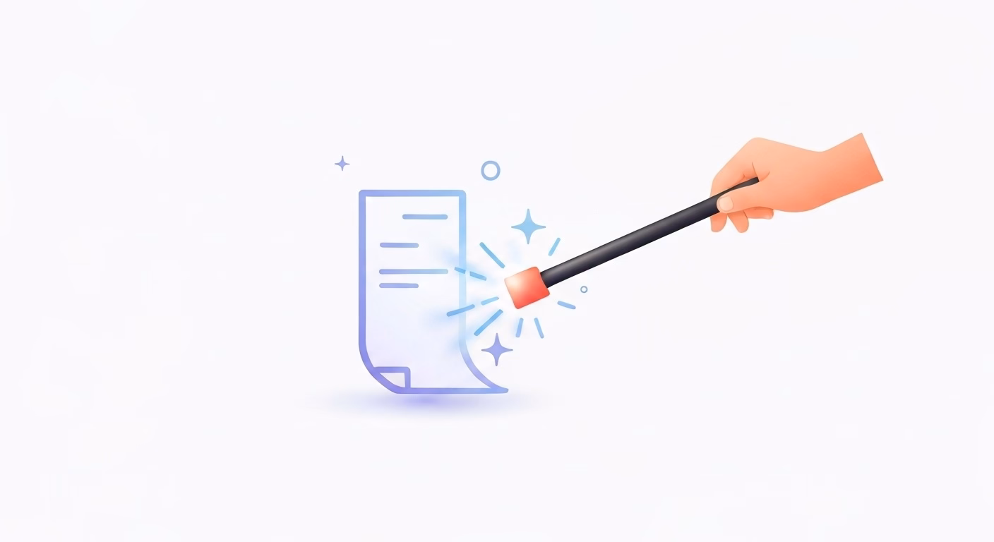 An image depicting a magic wand tapping a long document icon, transforming it i…