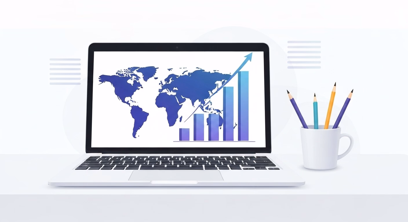 A clean and modern workspace scene featuring a laptop. The screen displays a wo…