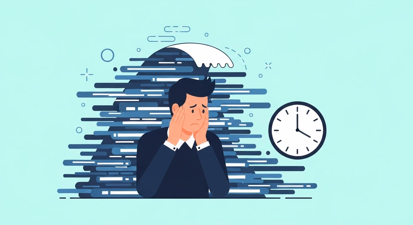 A flat illustration depicting a person looking stressed while being surrounded …