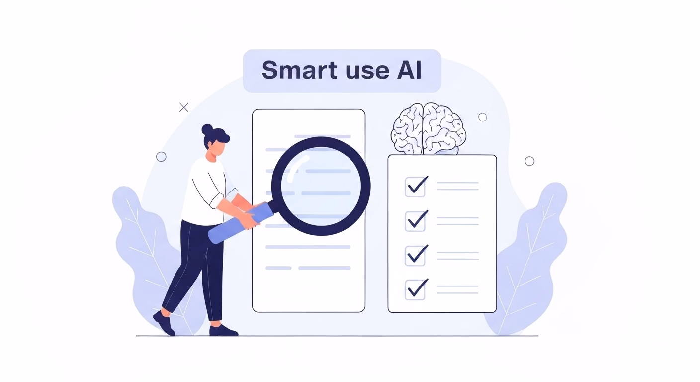 An illustration depicting the smart use of AI. A person is shown carefully exam…