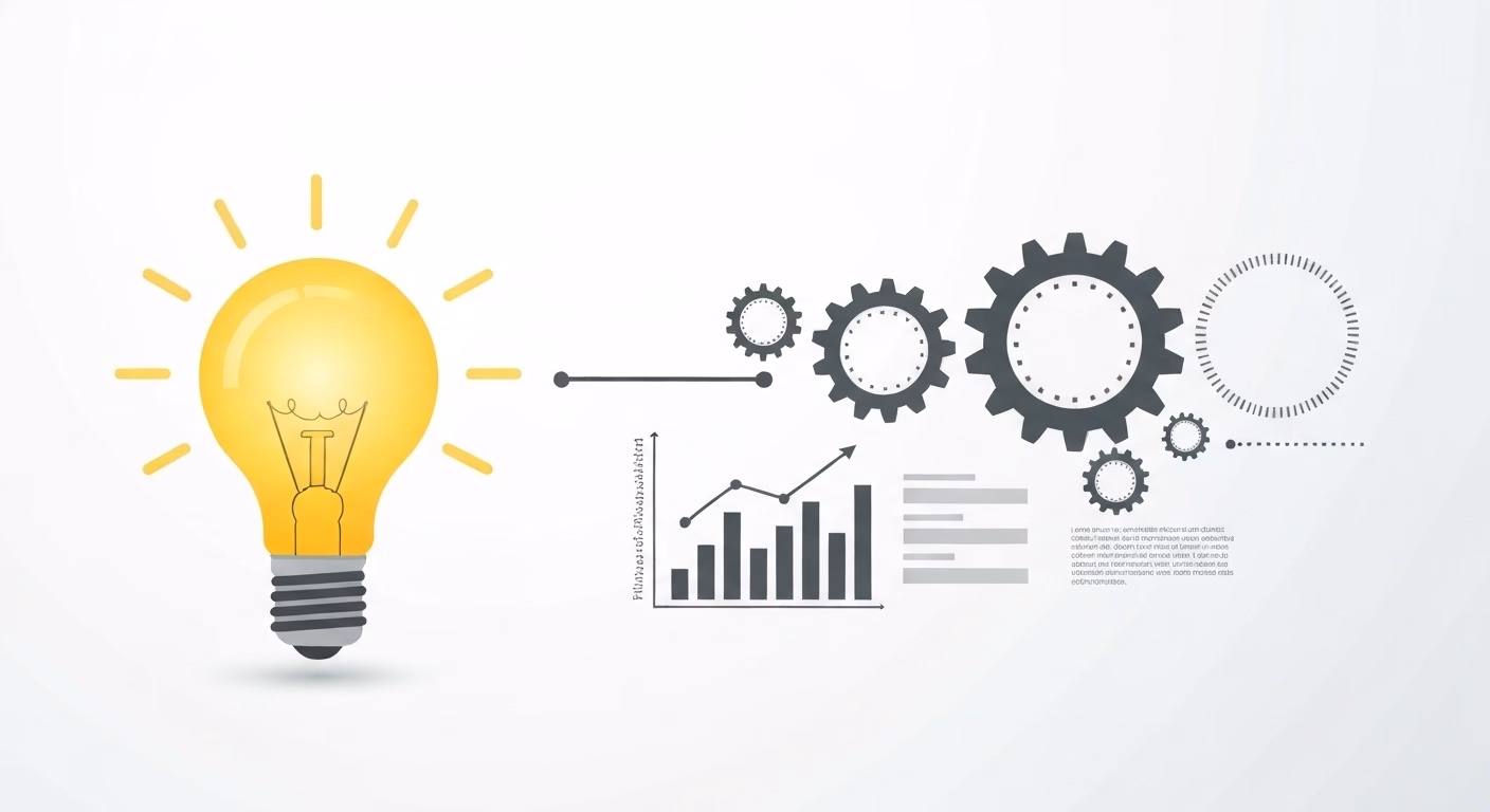 A conceptual illustration showing a bright lightbulb connected to a series of t…