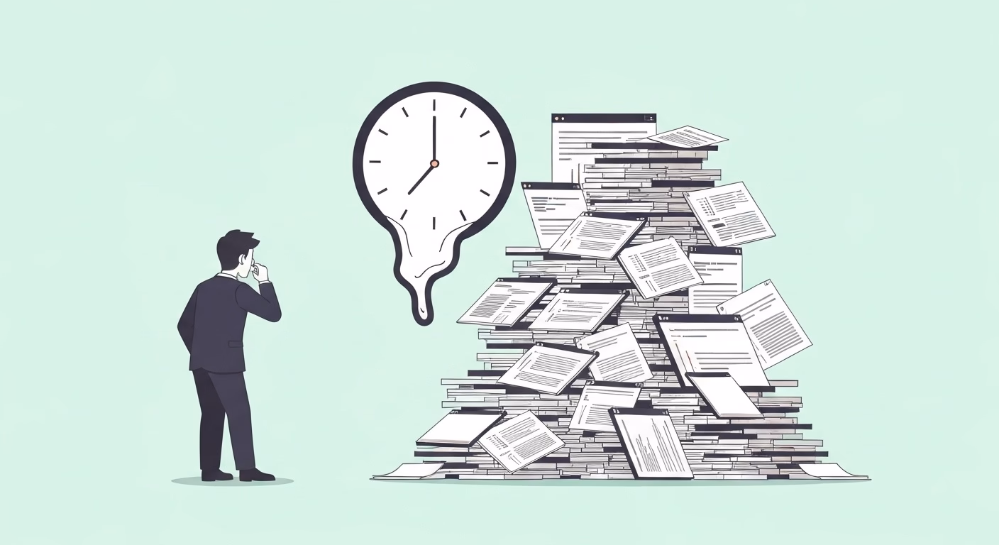 A flat illustration of a Japanese programmer looking overwhelmed by a giant, ch…