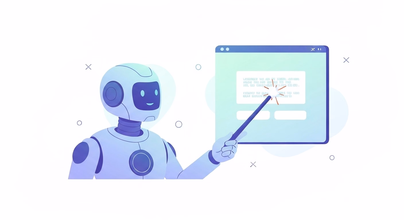 professional blog article thumbnail showing a friendly AI robot looking at a sc…