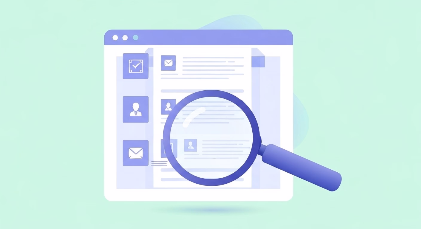 An abstract illustration showing a magnifying glass powered by AI scanning a we…