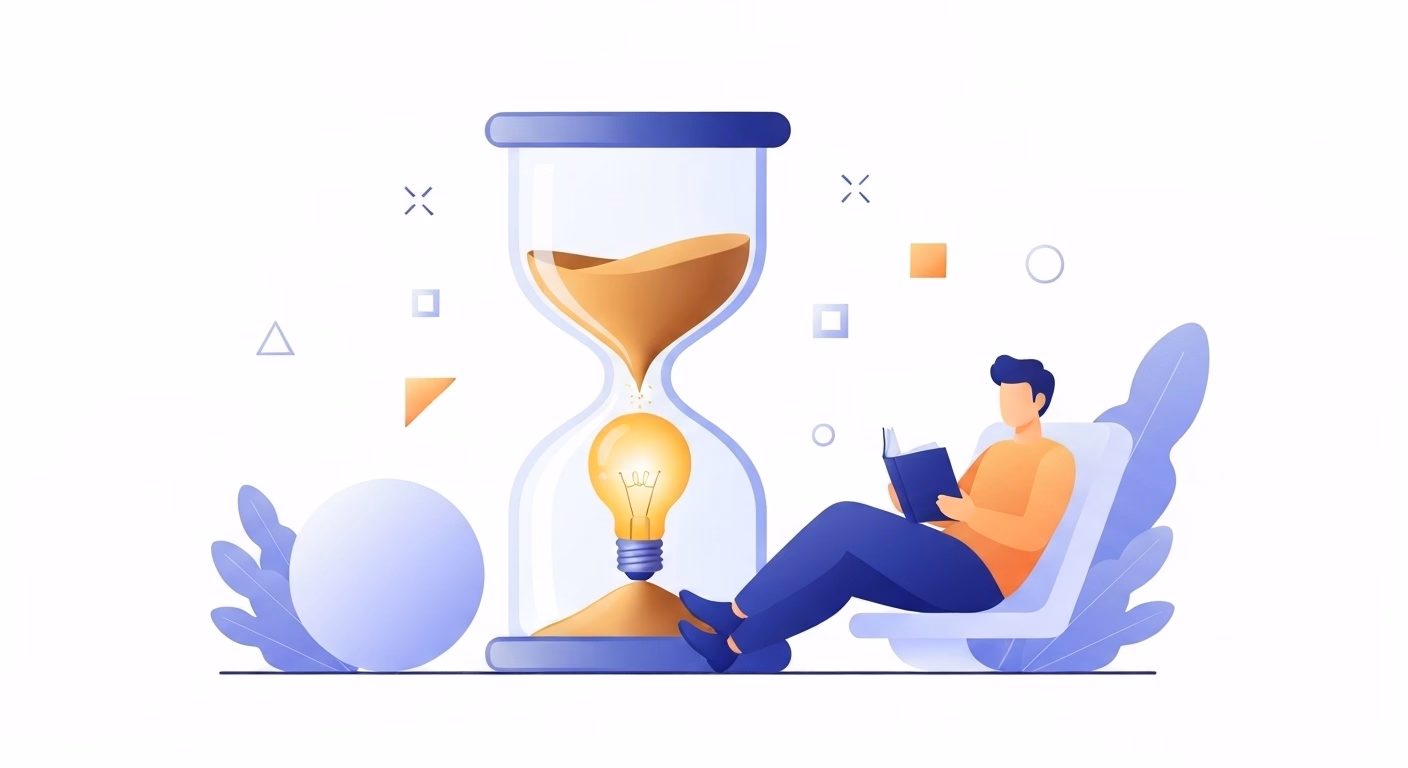 An elegant hourglass is shown with sand at the top transforming into a glowing …