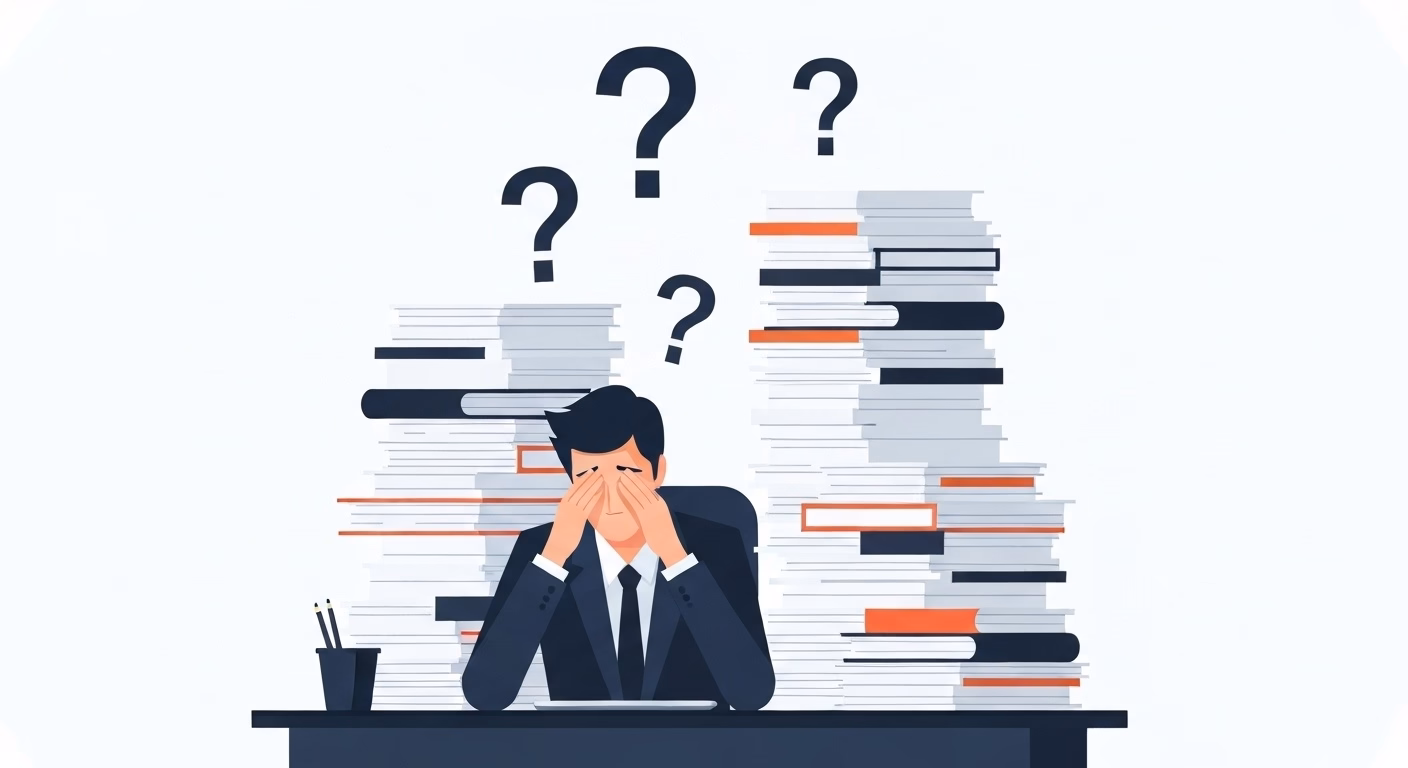 A minimalist illustration of a business person looking overwhelmed, sitting beh…