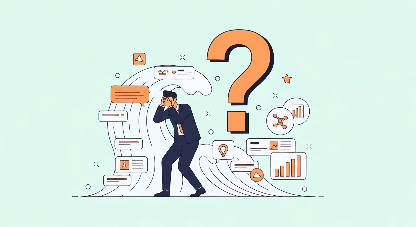 A professional person feeling overwhelmed by a massive wave of digital informat…