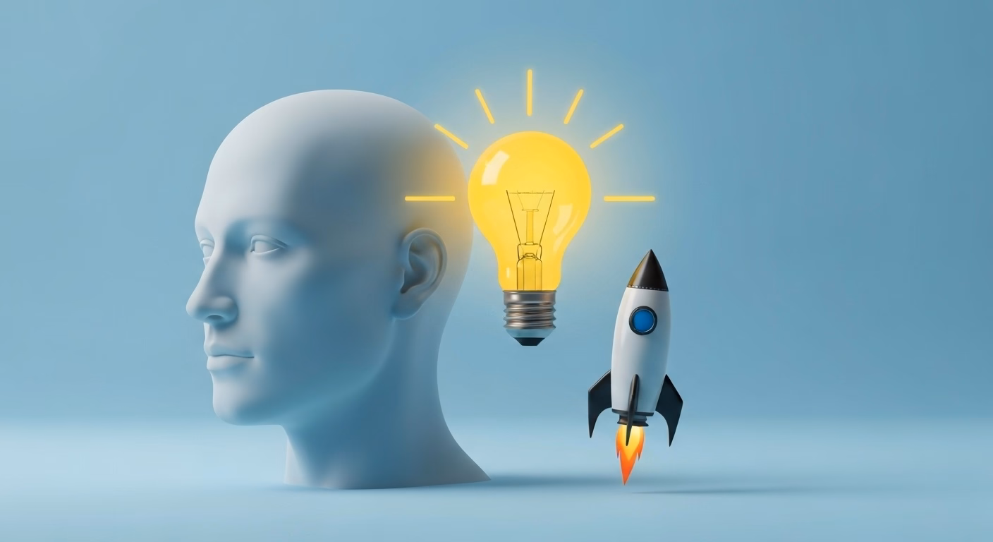 A stylized human head silhouette with a glowing lightbulb inside, symbolizing n…