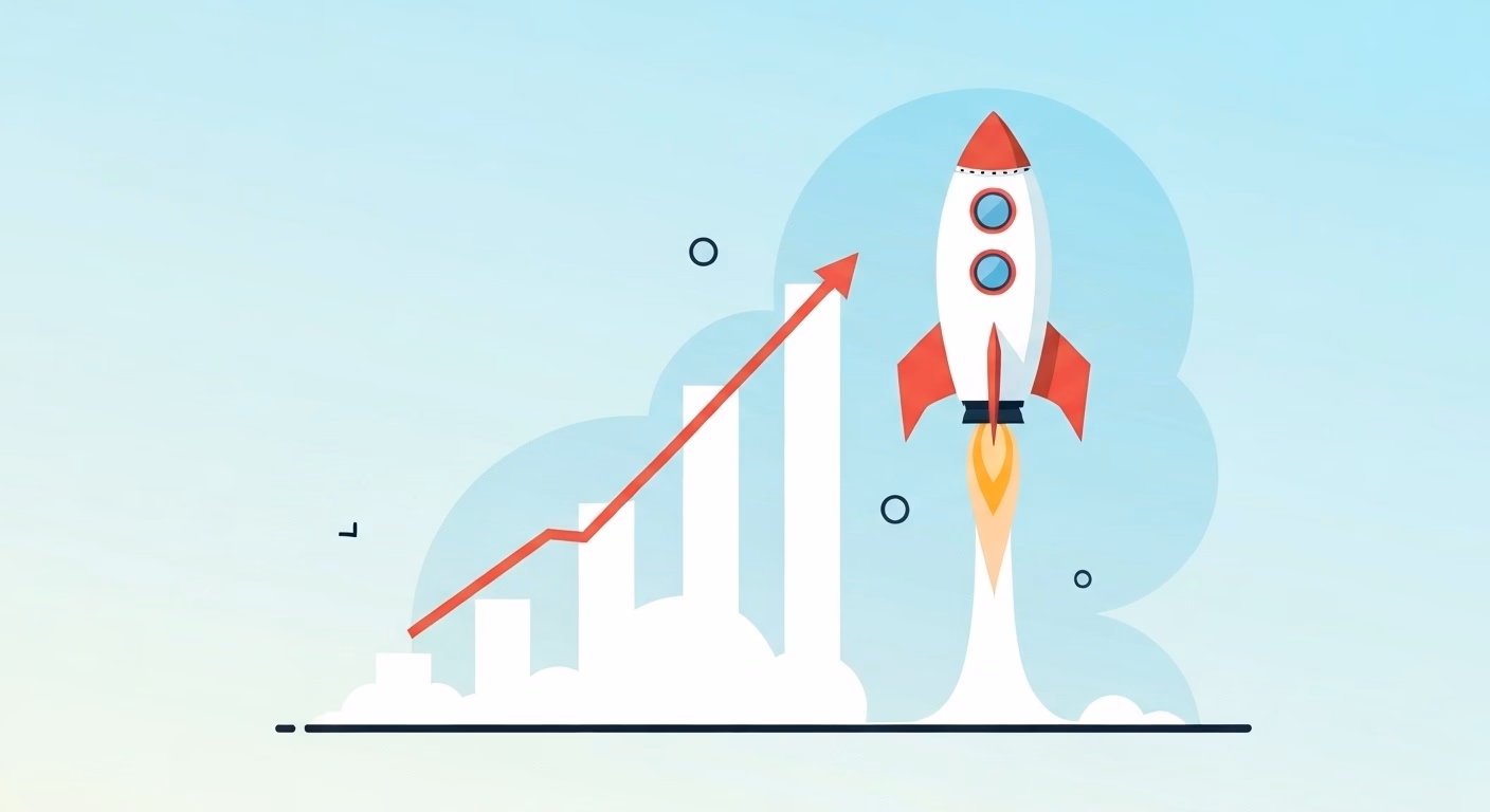 An inspiring and dynamic illustration of a rocket launching upwards, symbolizin…