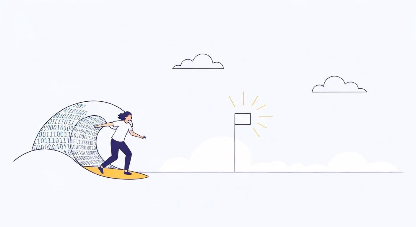 An empowering image of a Japanese person confidently surfing on a stylized wave…