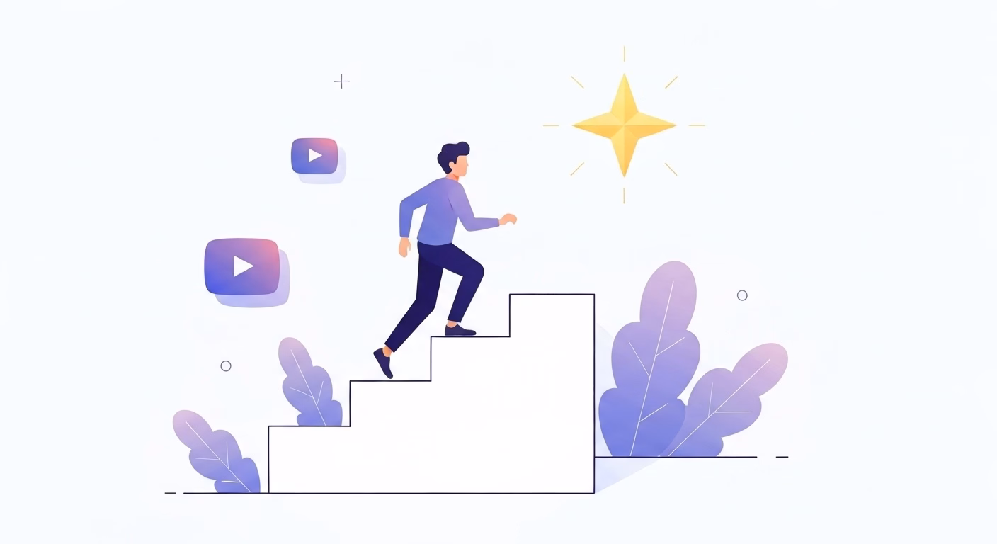 A hopeful illustration of a Japanese YouTuber confidently walking up a staircas…