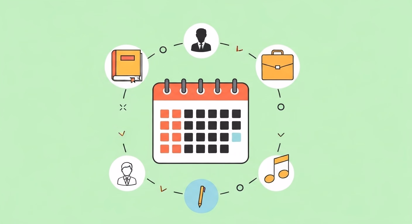 A central calendar icon surrounded by smaller icons representing various daily …