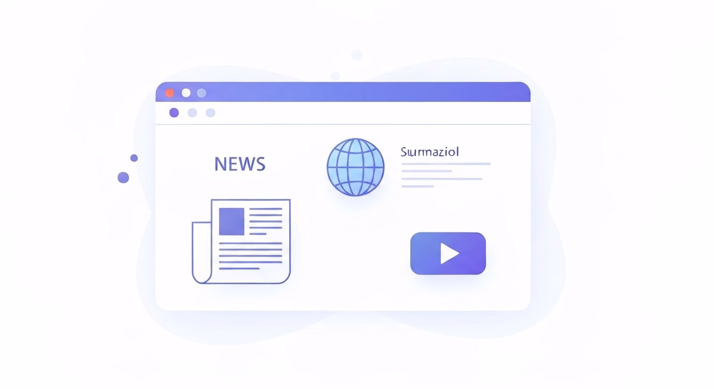 An illustration of a web browser window displaying summarized content from vari…