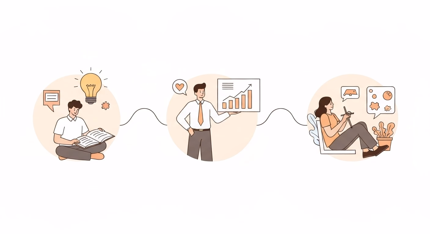 A sequence of three clean, minimalist scenes depicting positive life changes. T…