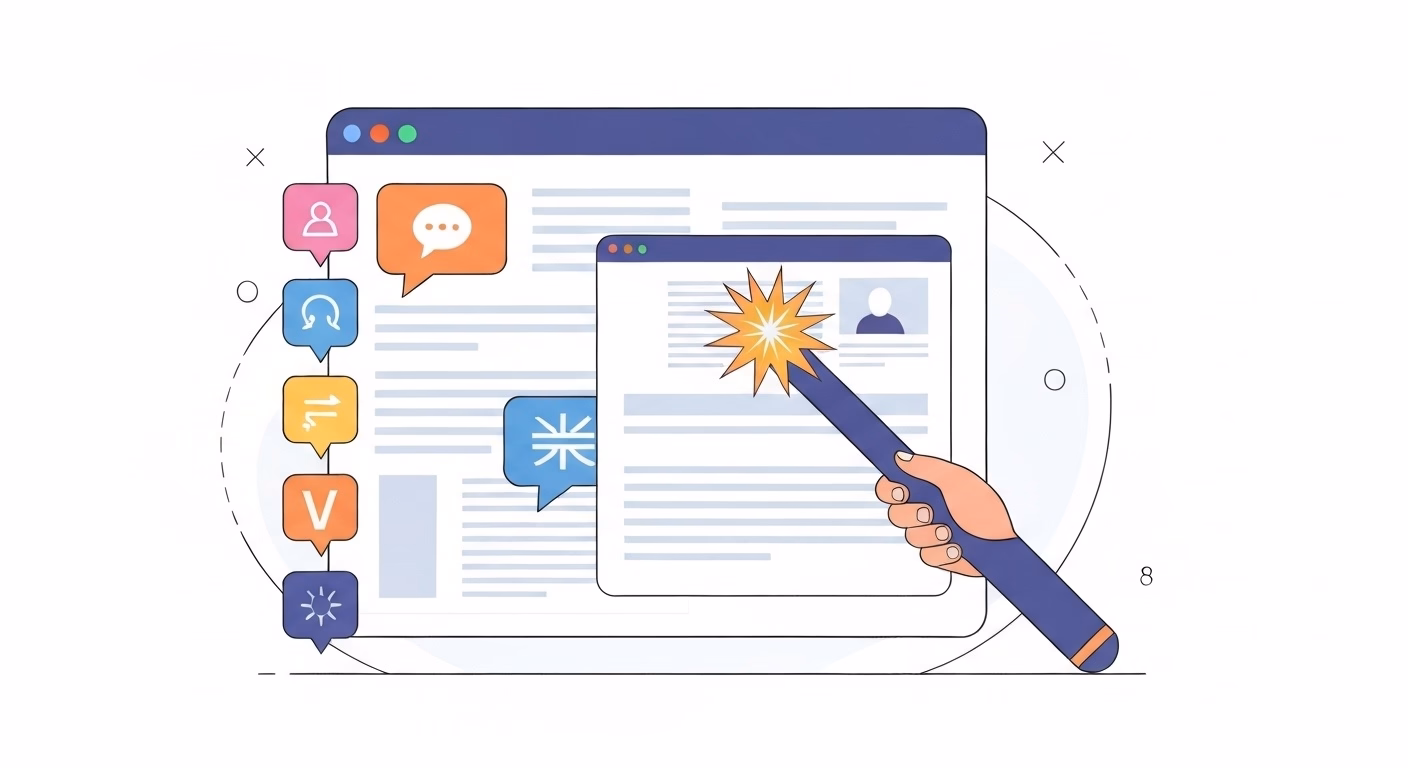 A magic wand transforming a cluttered web browser window into a clean, summariz…