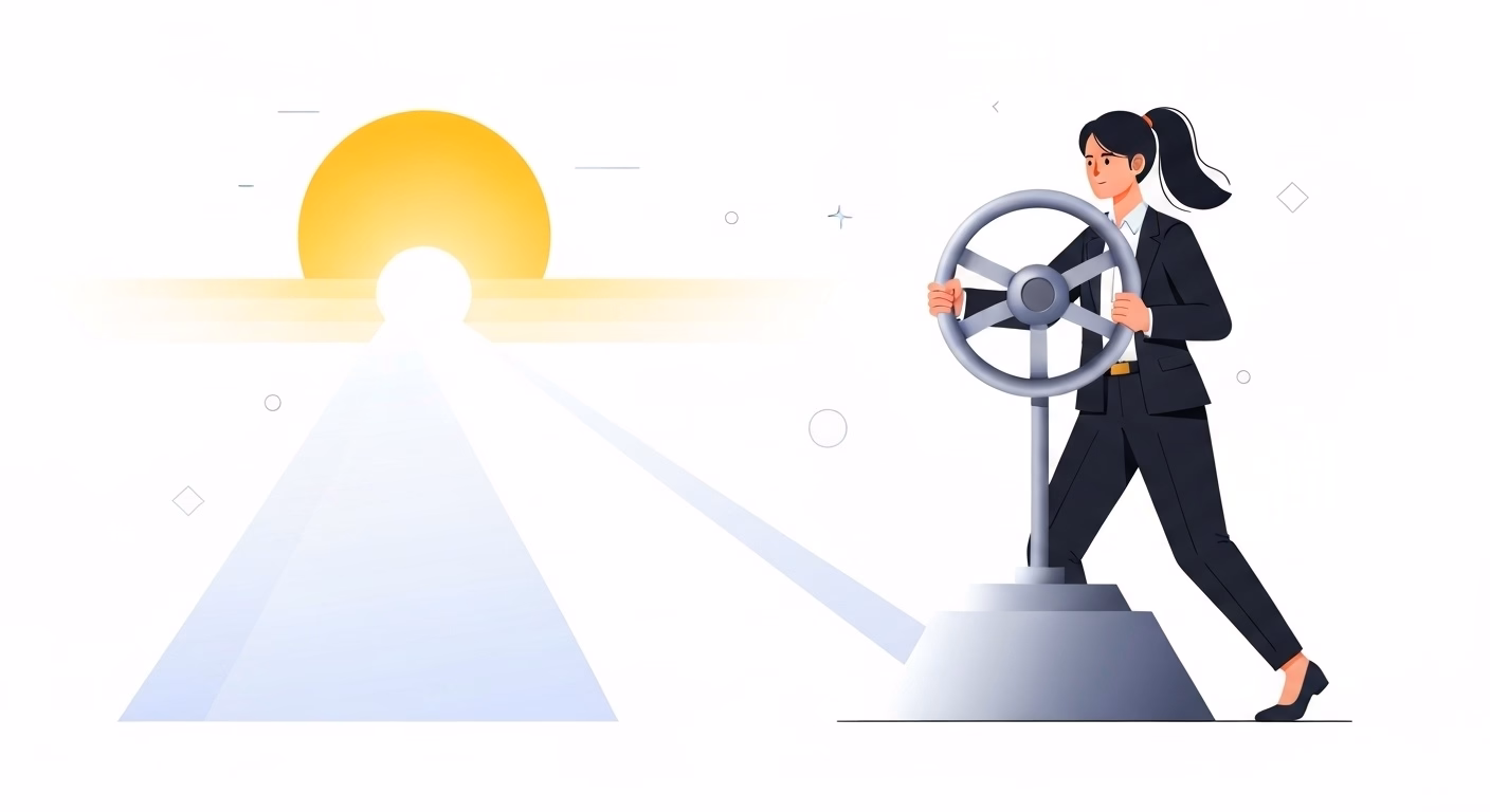 An empowering illustration of a person confidently holding a large steering whe…