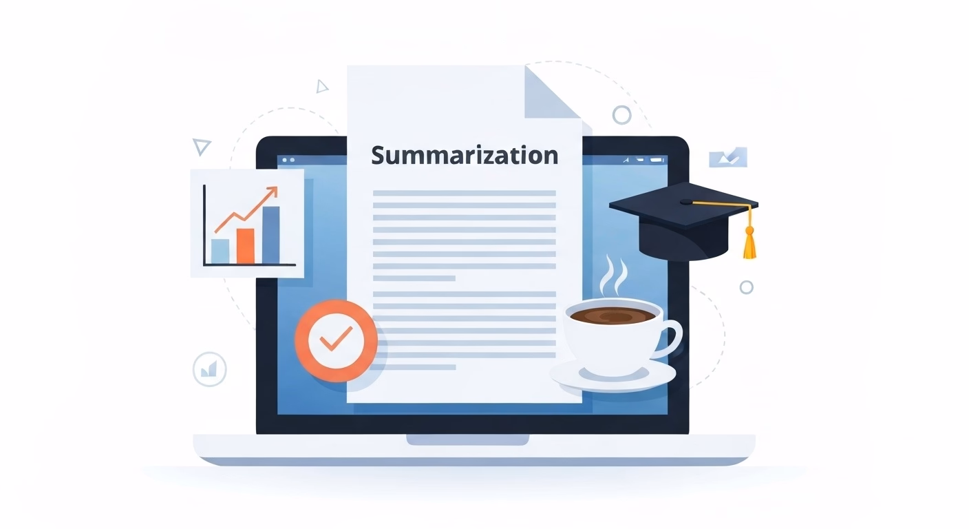 A central laptop screen displays a summarized document. From the screen, icons …
