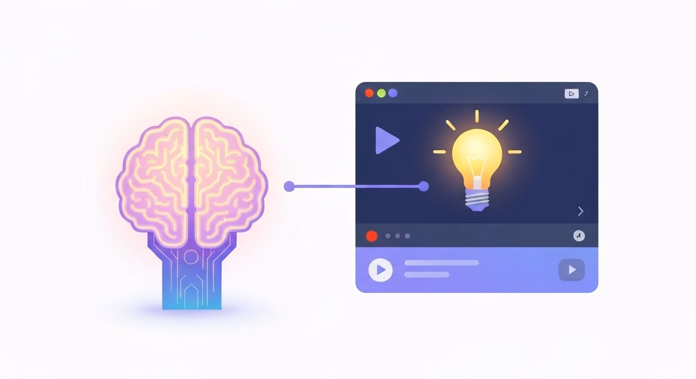 An illustration depicting a glowing AI brain icon processing a YouTube video in…