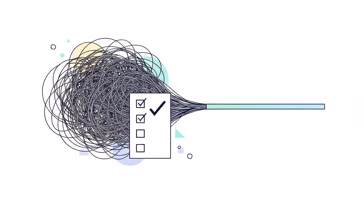 An abstract illustration showing a jumble of tangled lines which are channeled …