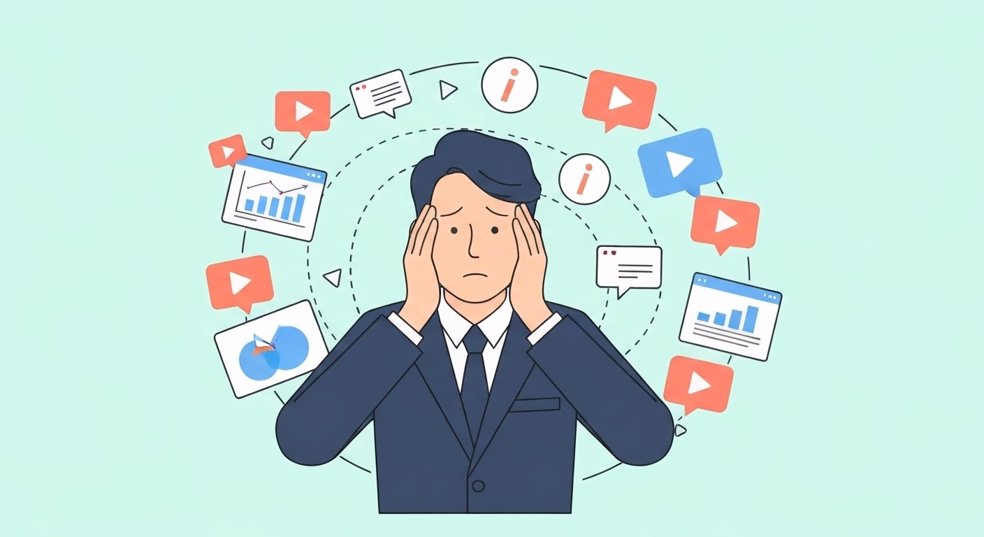 A Japanese video creator looking overwhelmed, surrounded by a chaotic swirl of …