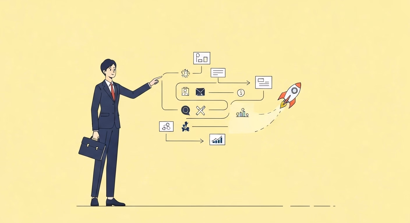 A confident Japanese professional standing and directing streams of data, repre…