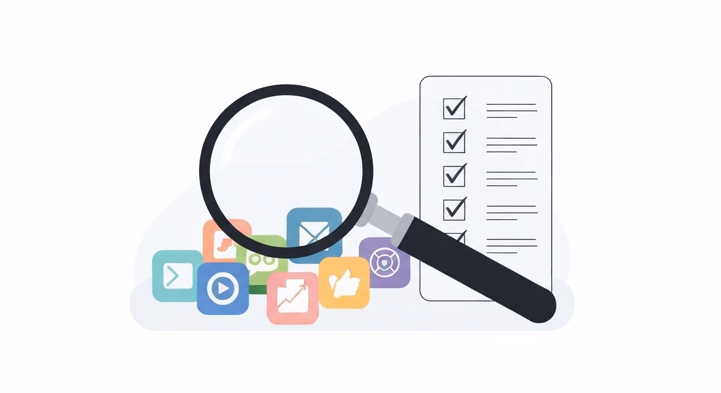 An illustration showing a large magnifying glass hovering over several distinct…